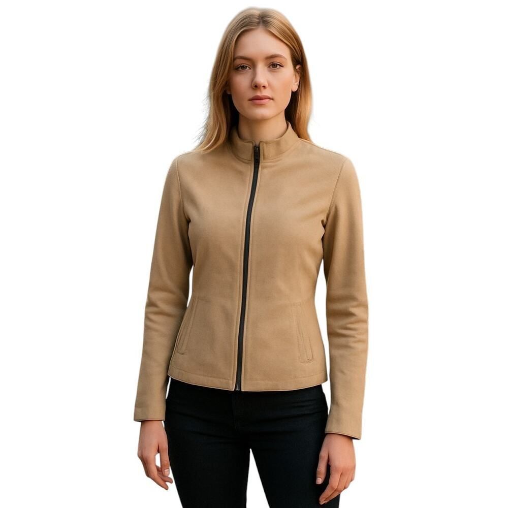 Tower Hill Woman's Size 8  Beige / Tan Suede Leather Jacket Lined Zipper Peplum